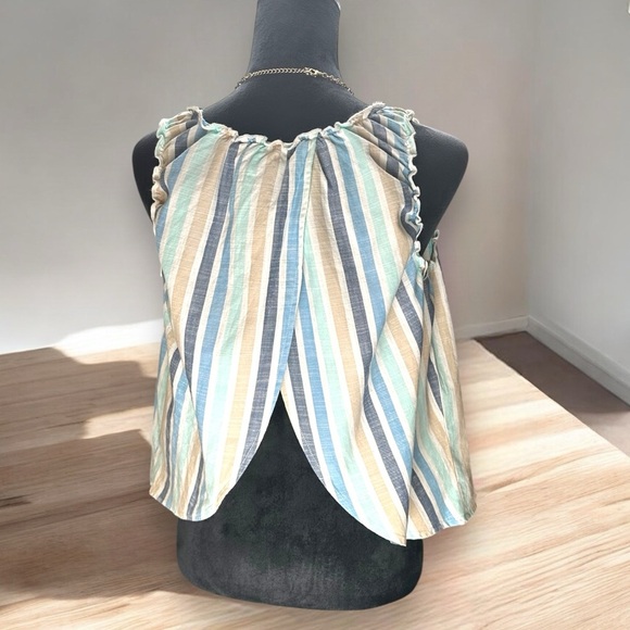 a.n.a Blue, Cream, Aqua, White Striped Tank Top Open Back Cotton Small Boho Chic - Picture 3 of 7